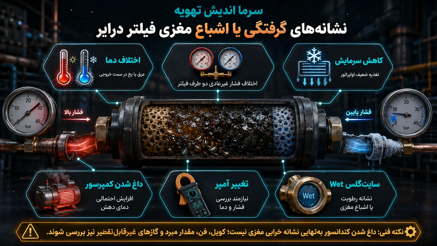 نشانه‌های اشباع و گرفتگی مغزی فیلتر درایر